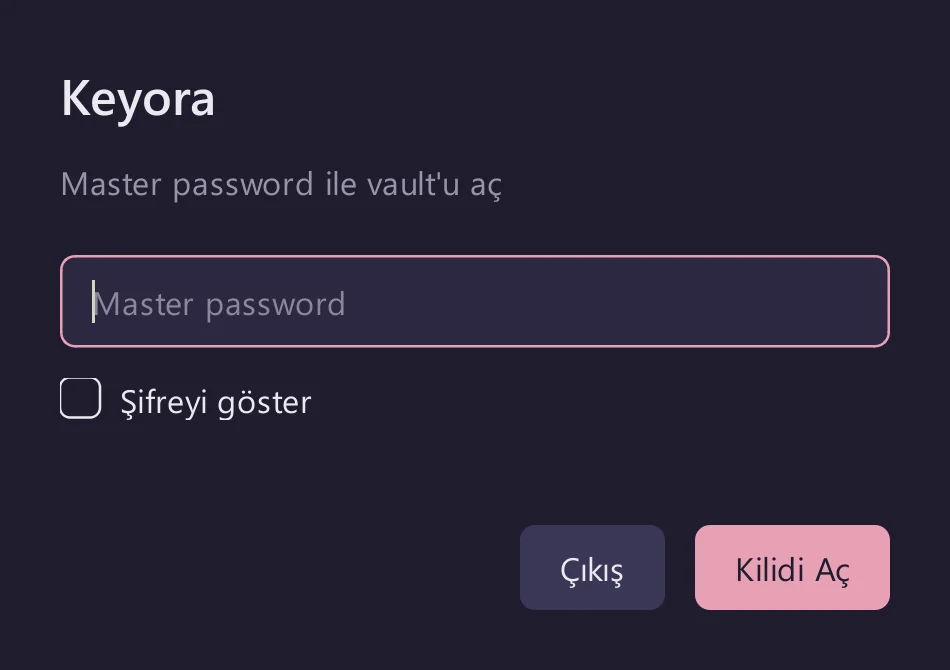 Keyora giriş penceresi: master password alanı ve Kilidi Aç düğmesi